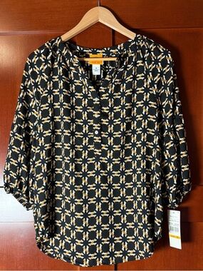 Ruby Rd. Black Boho Blouse with Mustard & Cream Geometric Print NWT Size Small